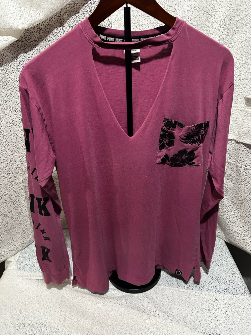 PINK Victoria's Secret Mauve V-Neck Long-Sleeve Tee with Floral Pocket
